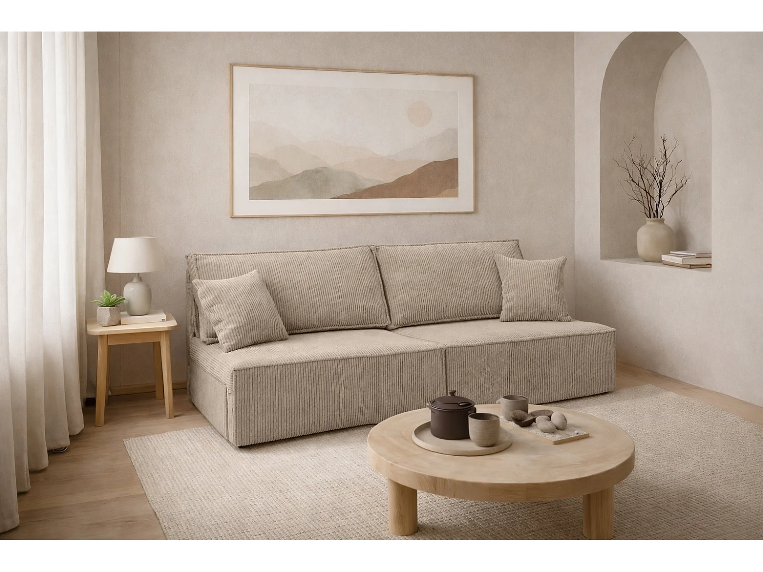 Canapé avec fonction couchage et coffre de rangement, tissu en velours côtelé Poso, Beige foncé, BEST MINI