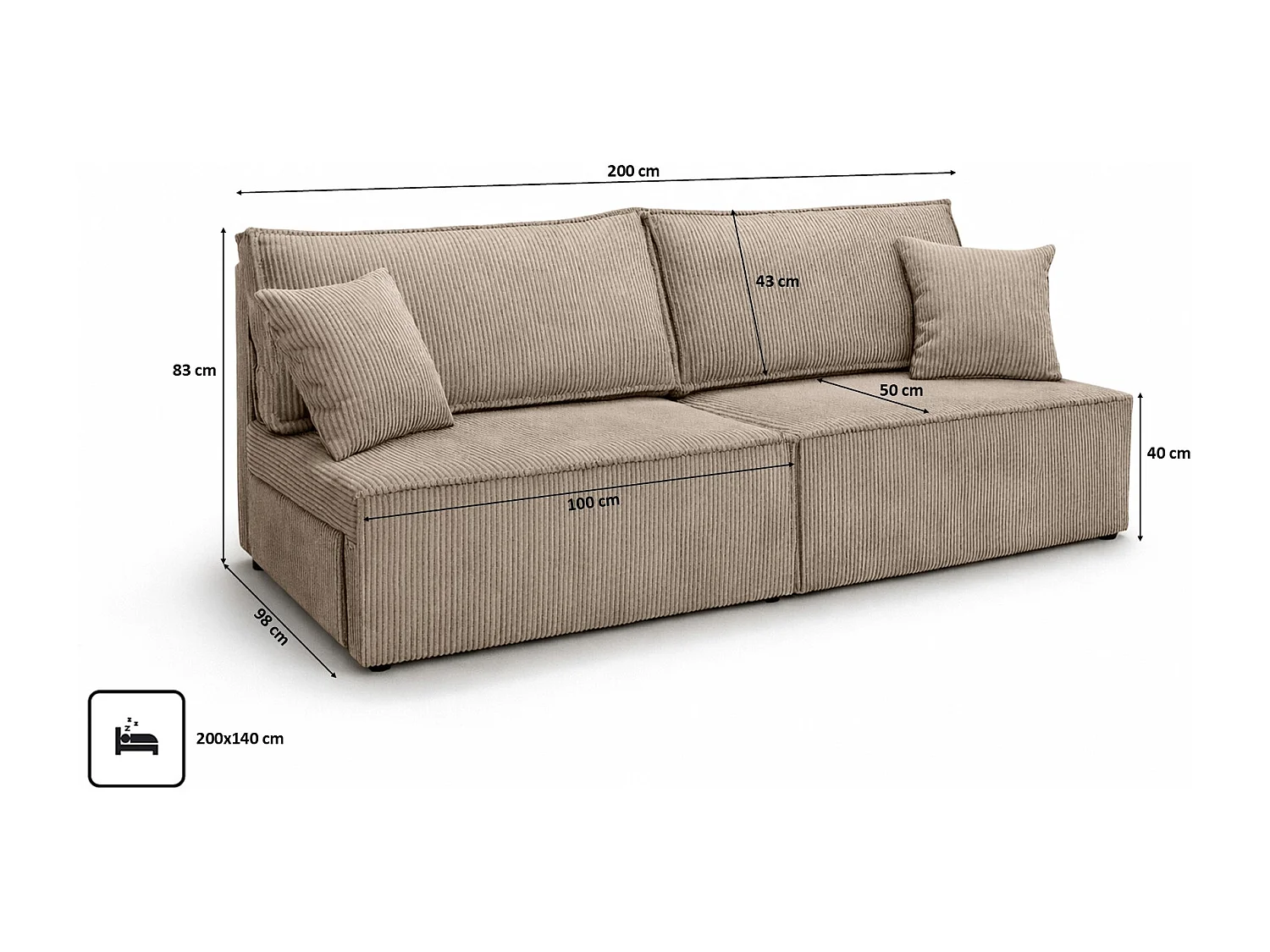 Canapé avec fonction couchage et coffre de rangement, tissu en velours côtelé Poso, Beige foncé, BEST MINI