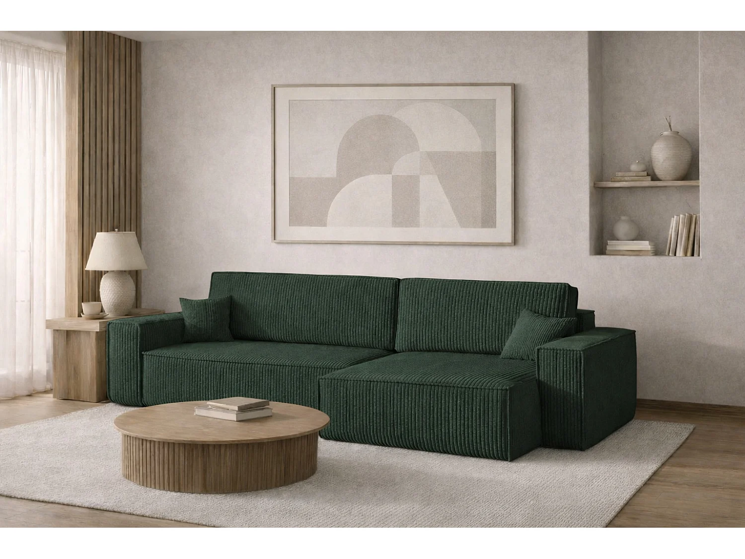 Hoekbank L-vorm met slaapfunctie en opbergruimte, stof Poso dikke cord, Groen, Rechts, BEST XL