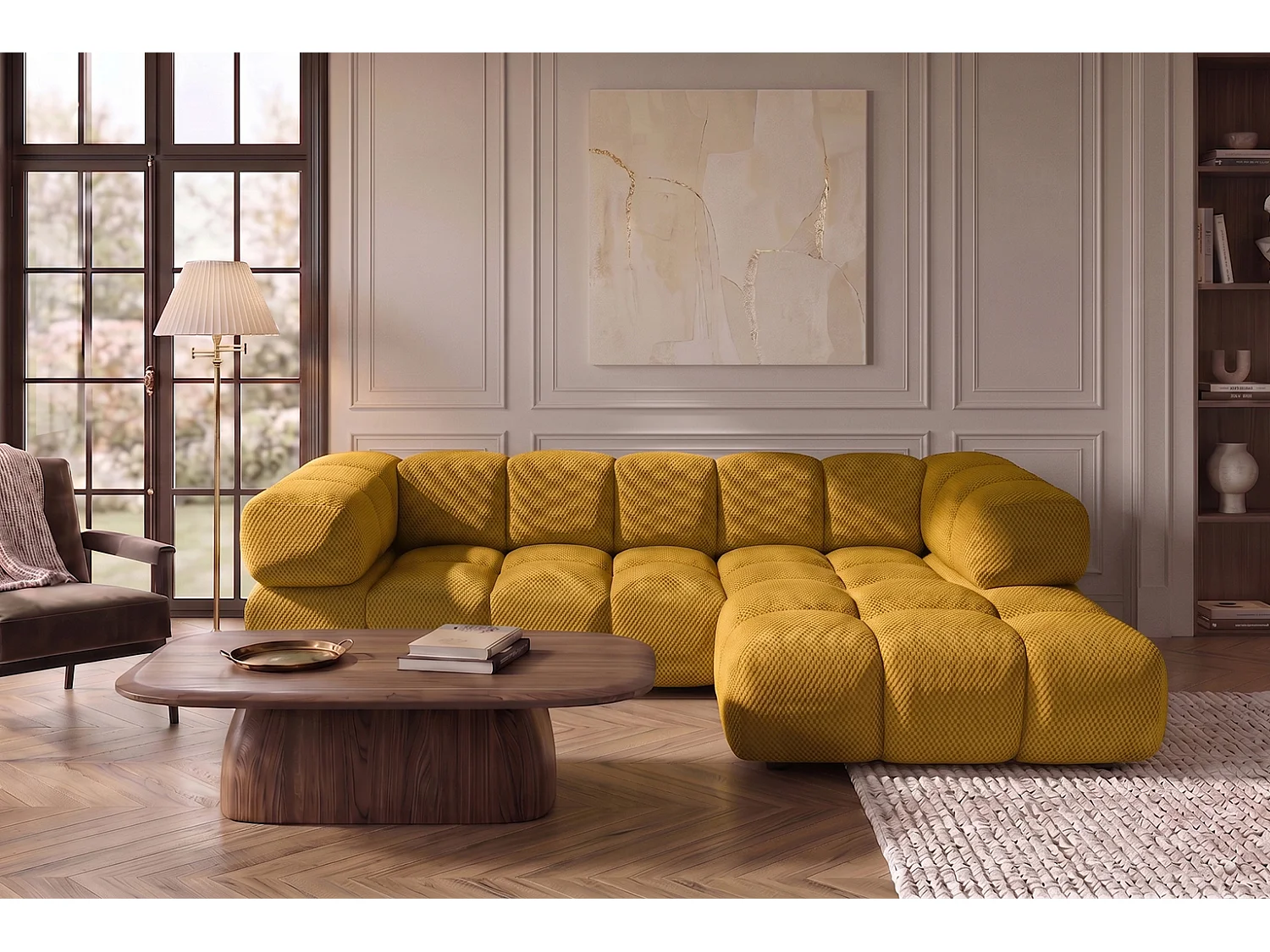 Hoekbank L-vorm, gestructureerde premiumstof Sonic, Mosterdkleur, Rechts, Averro