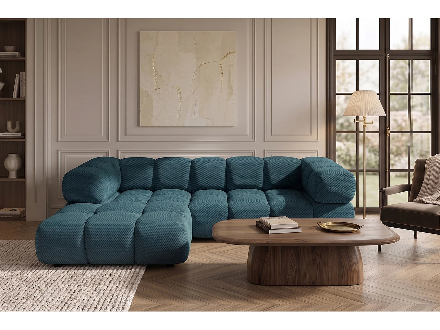 Hoekbank L-vorm, gestructureerde premiumstof Sonic, Azuurblauw, Links, Averro