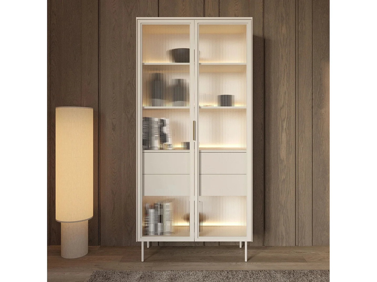 Vitrine LUMI 92 cm Kaschmir - mit Riffelglas, LED-Beleuchtung und Goldgriffen