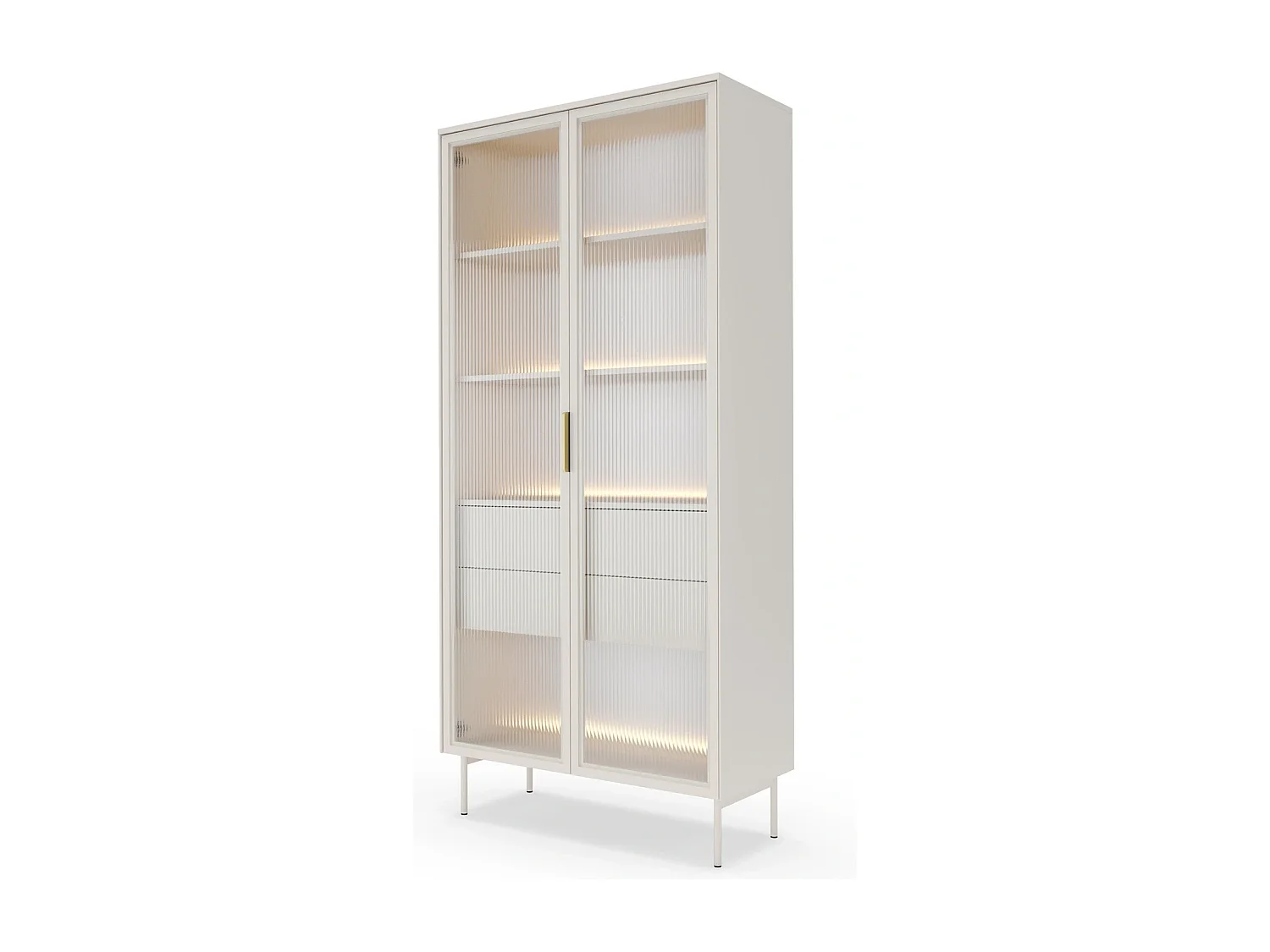 Vitrine LUMI 92 cm Kaschmir - mit Riffelglas, LED-Beleuchtung und Goldgriffen