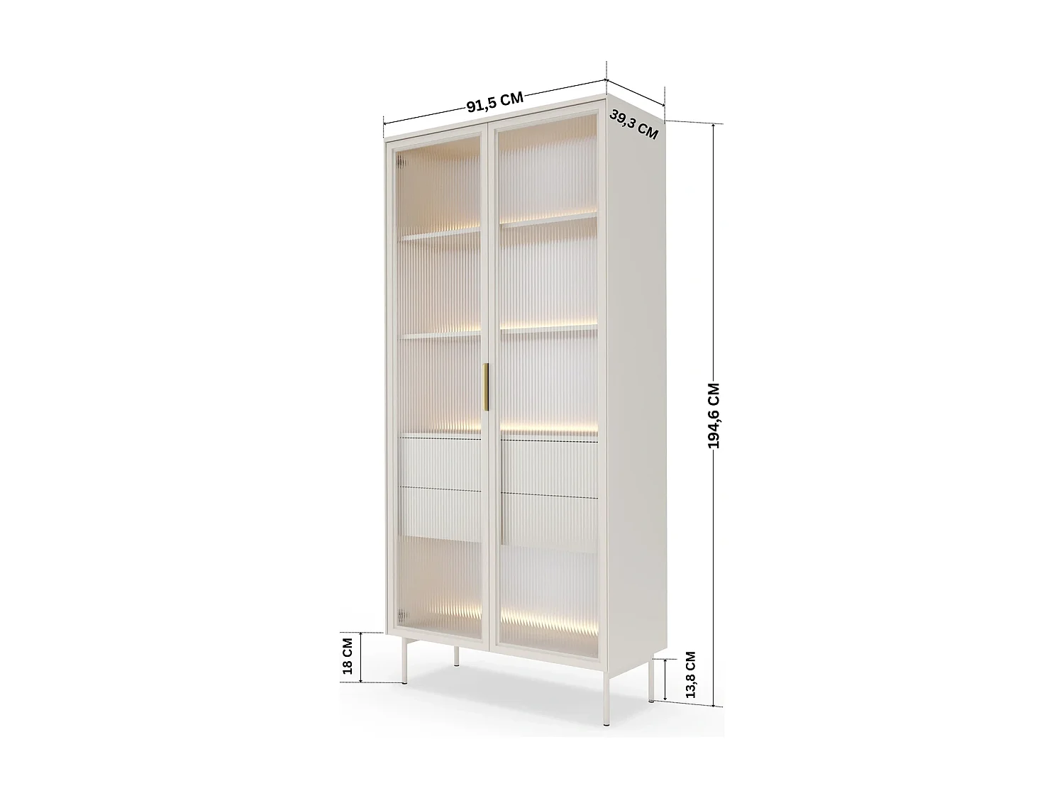 Vitrine LUMI 92 cm Kaschmir - mit Riffelglas, LED-Beleuchtung und Goldgriffen