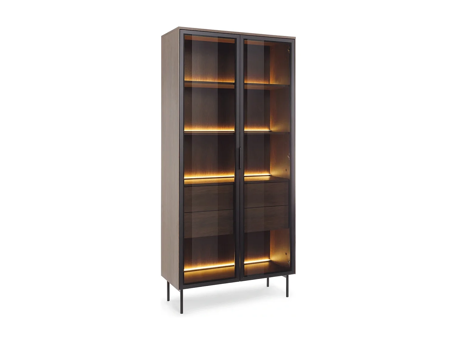 Vitrine LUMI 92 cm Eiche Dunin - mit Braunglas, LED-Beleuchtung und schwarzen Griffen