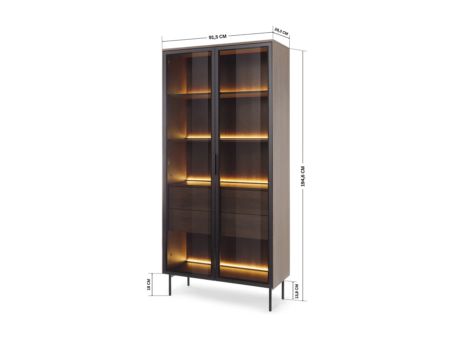 Vitrine LUMI 92 cm Eiche Dunin - mit Braunglas, LED-Beleuchtung und schwarzen Griffen
