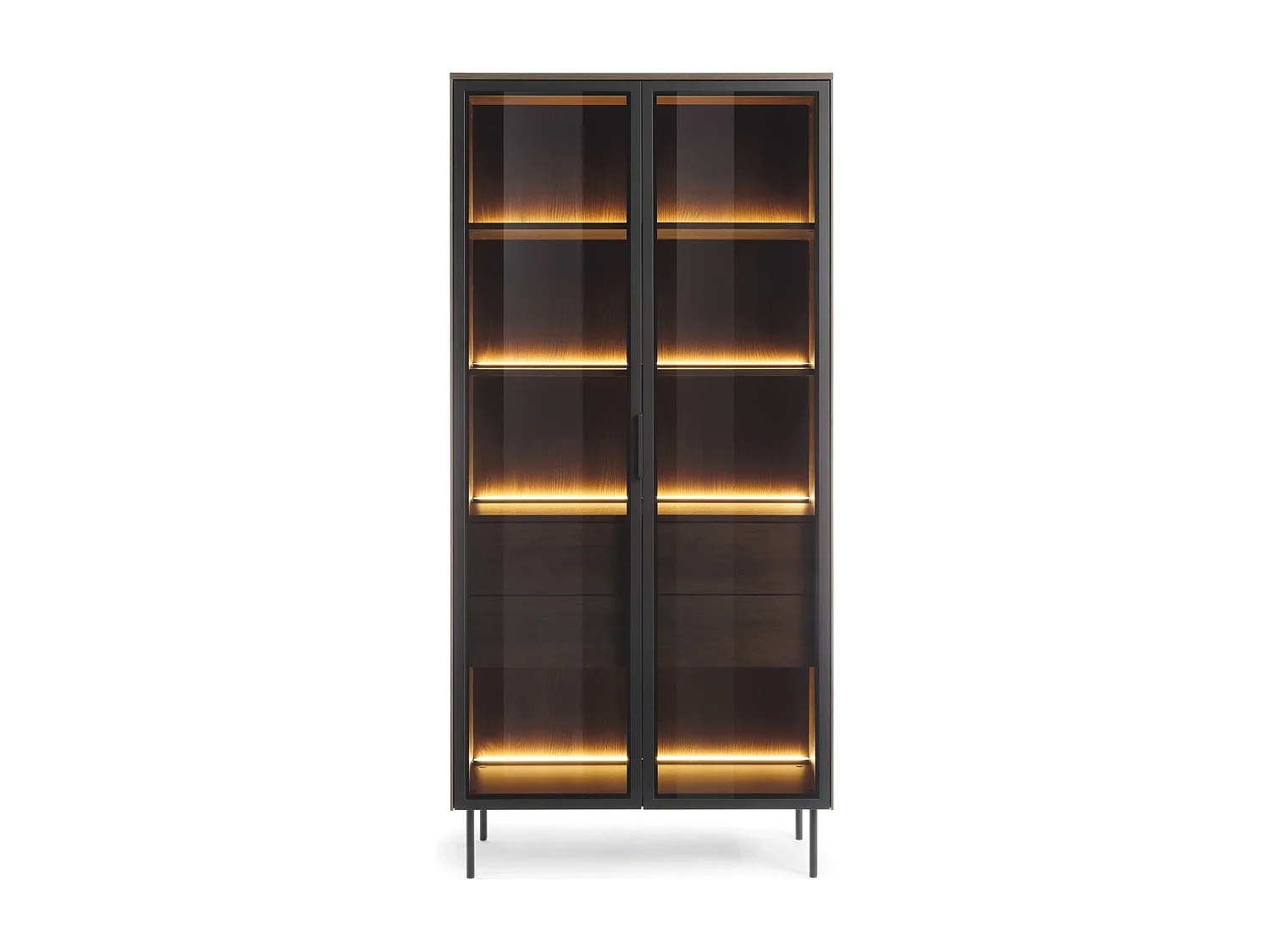 Vitrine LUMI 92 cm Eiche Dunin - mit Braunglas, LED-Beleuchtung und schwarzen Griffen