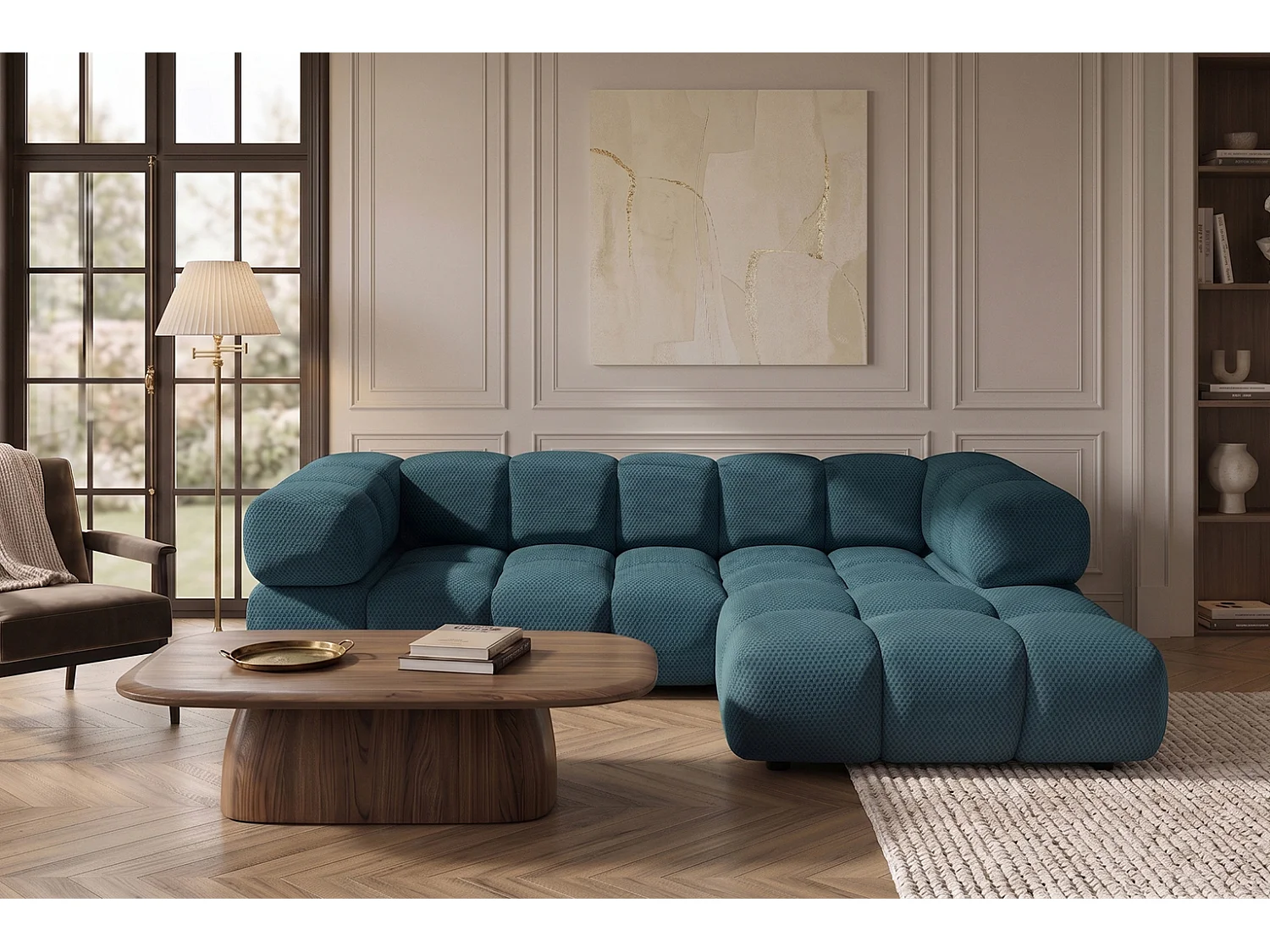 Hoekbank L-vorm, gestructureerde premiumstof Sonic, Azuurblauw, Rechts, Averro