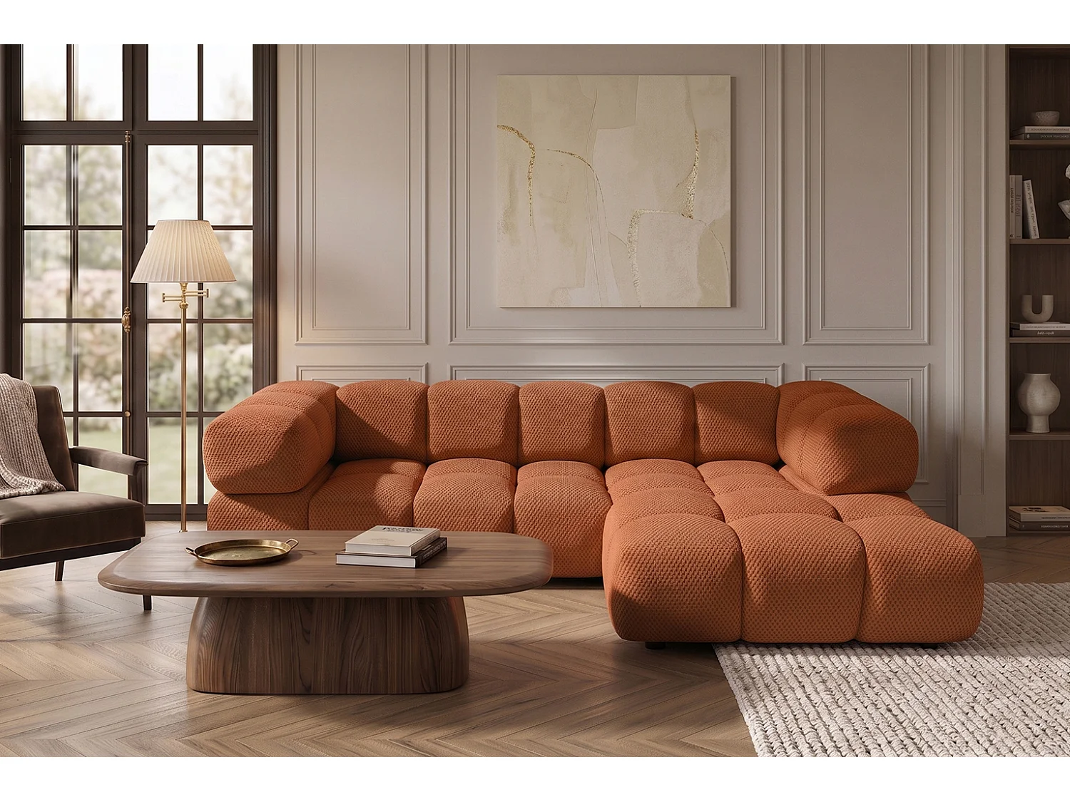 Canapé d’angle en L, tissu premium texturé Sonic, Cuivre, Droite, Averro