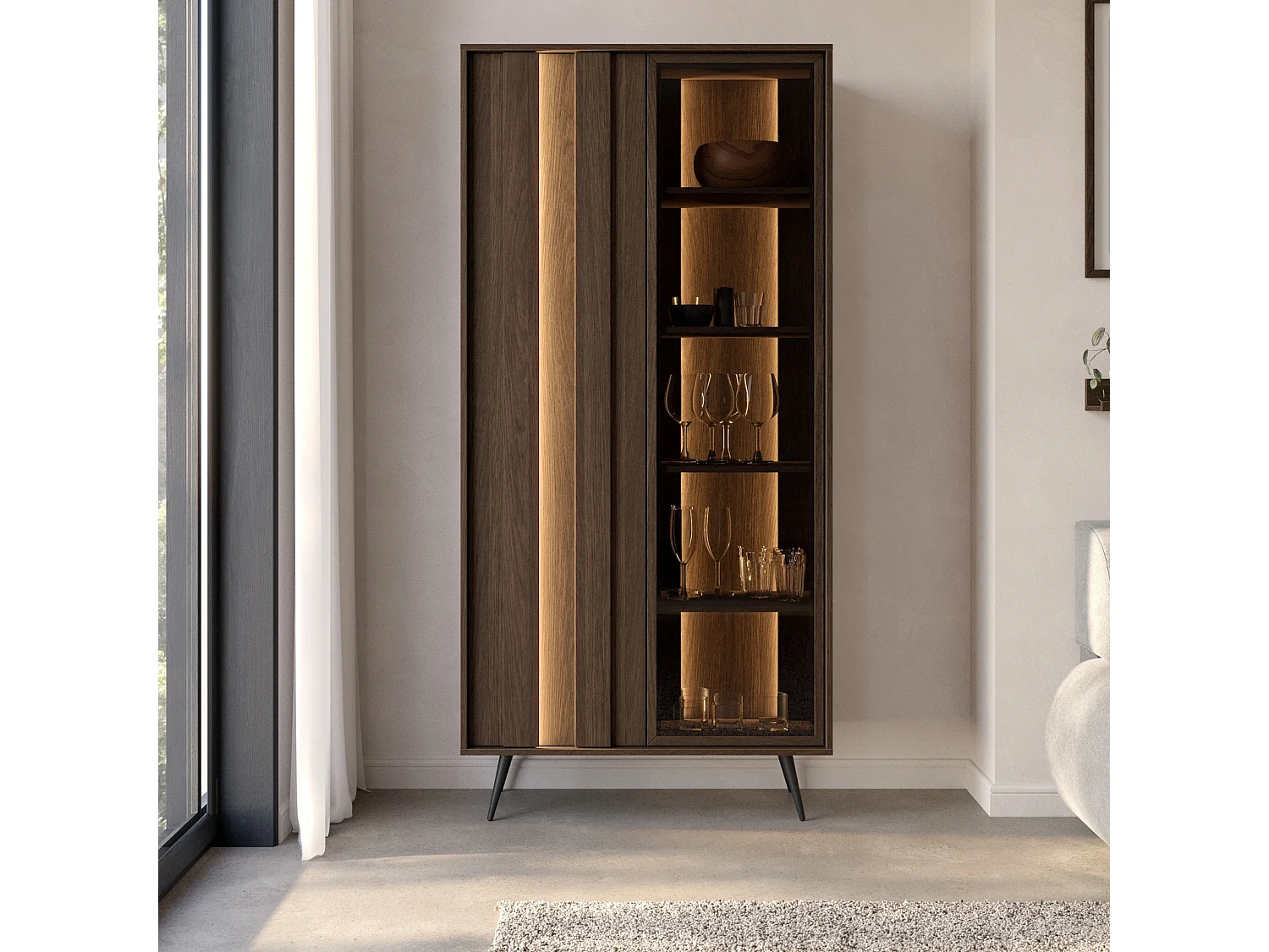 Standvitrine LUPO 93 cm mit 2 Türen, Doppel-LED und Metallfüßen - Eiche Dunin / Braunglas