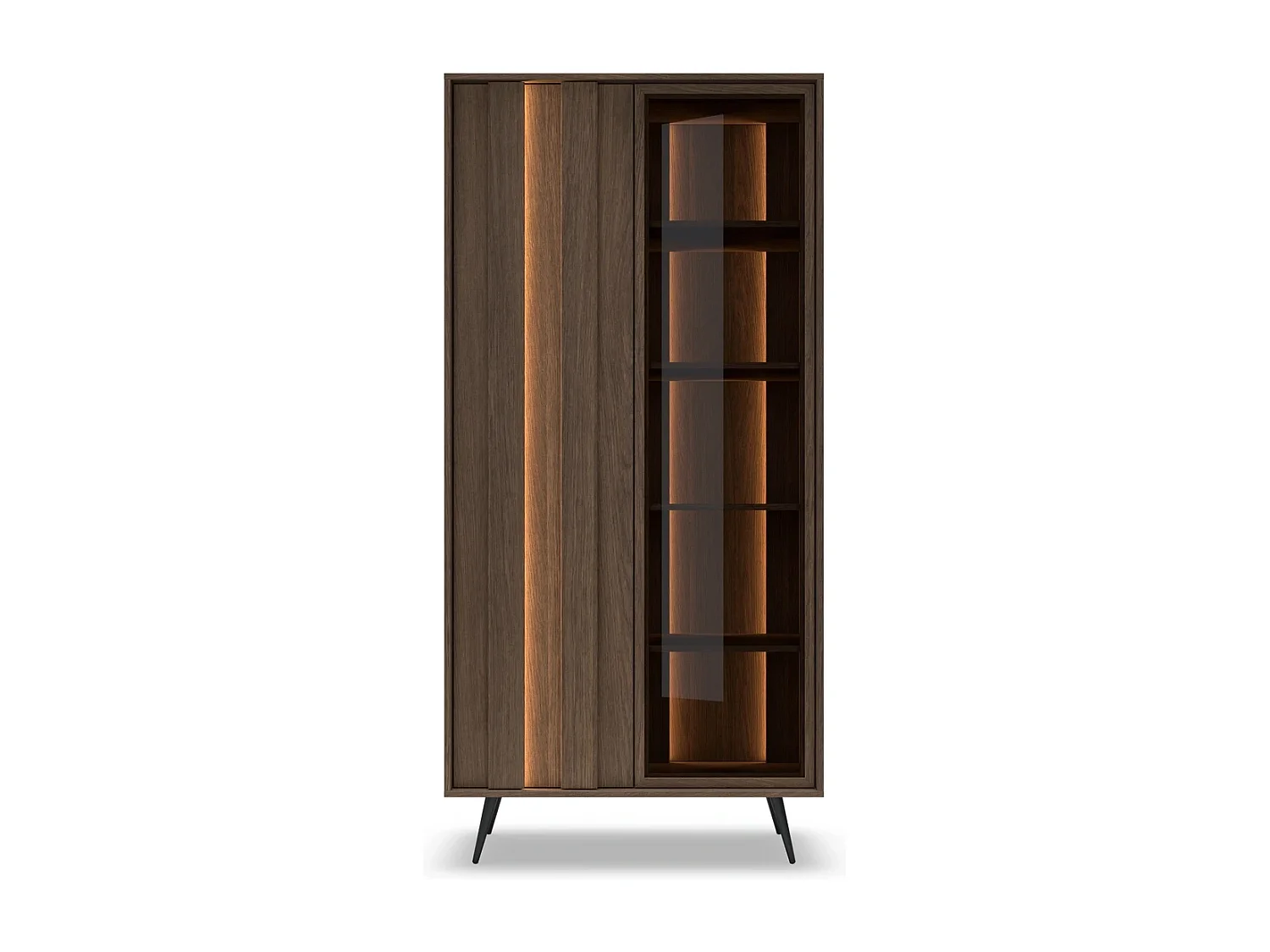 Standvitrine LUPO 93 cm mit 2 Türen, Doppel-LED und Metallfüßen - Eiche Dunin / Braunglas