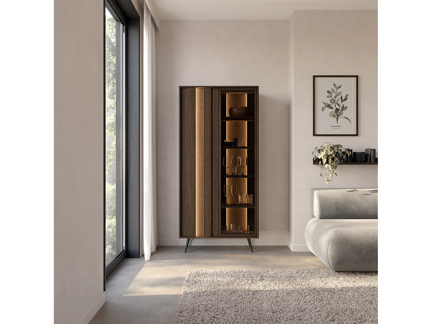 Standvitrine LUPO 93 cm mit 2 Türen, Doppel-LED und Metallfüßen - Eiche Dunin / Braunglas