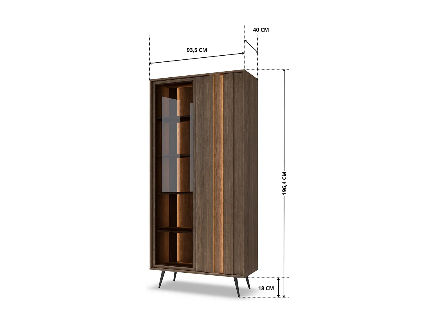 Standvitrine LUPO 93 cm mit 2 Türen, Doppel-LED und Metallfüßen - Eiche Dunin / Braunglas