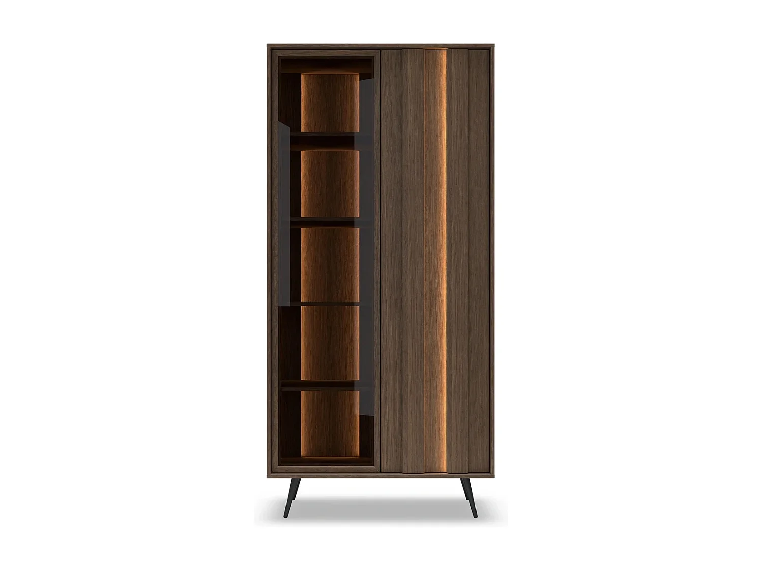 Standvitrine LUPO 93 cm mit 2 Türen, Doppel-LED und Metallfüßen - Eiche Dunin / Braunglas