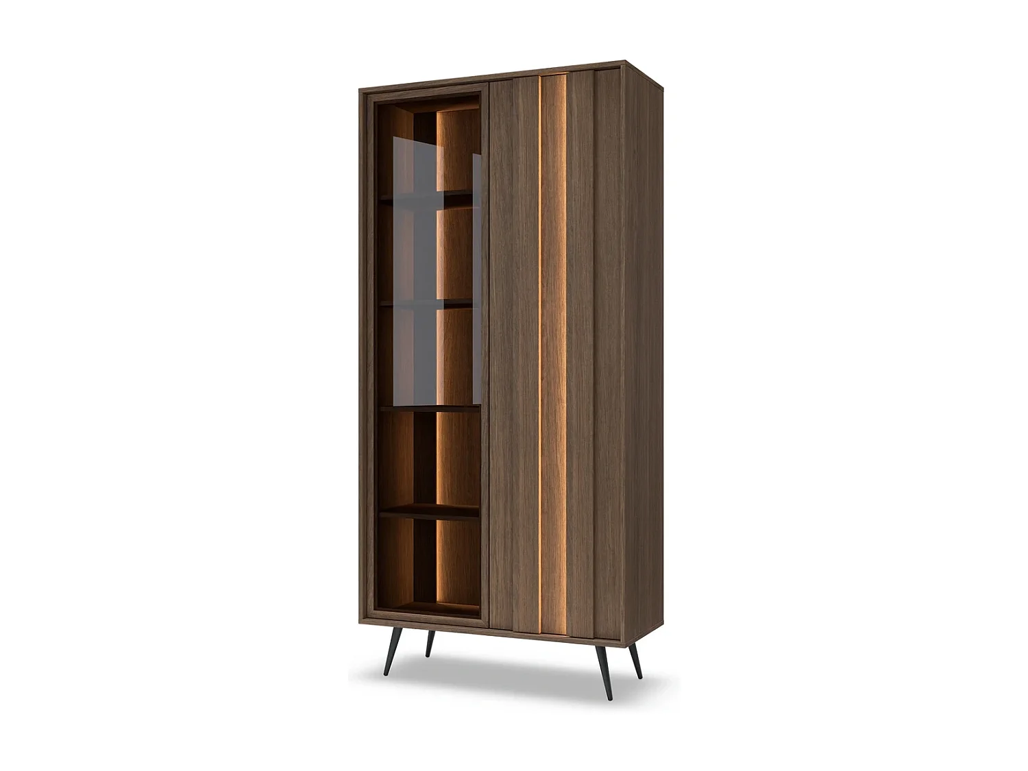 Standvitrine LUPO 93 cm mit 2 Türen, Doppel-LED und Metallfüßen - Eiche Dunin / Braunglas