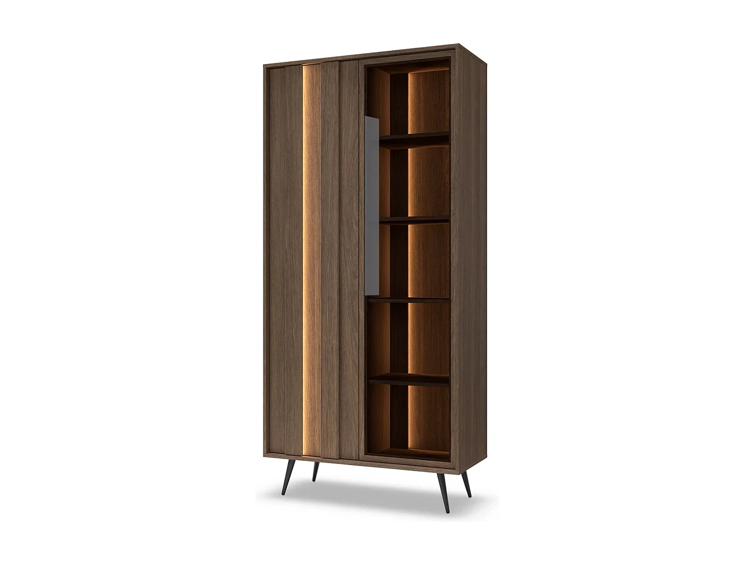 Standvitrine LUPO 93 cm mit 2 Türen, Doppel-LED und Metallfüßen - Eiche Dunin / Braunglas