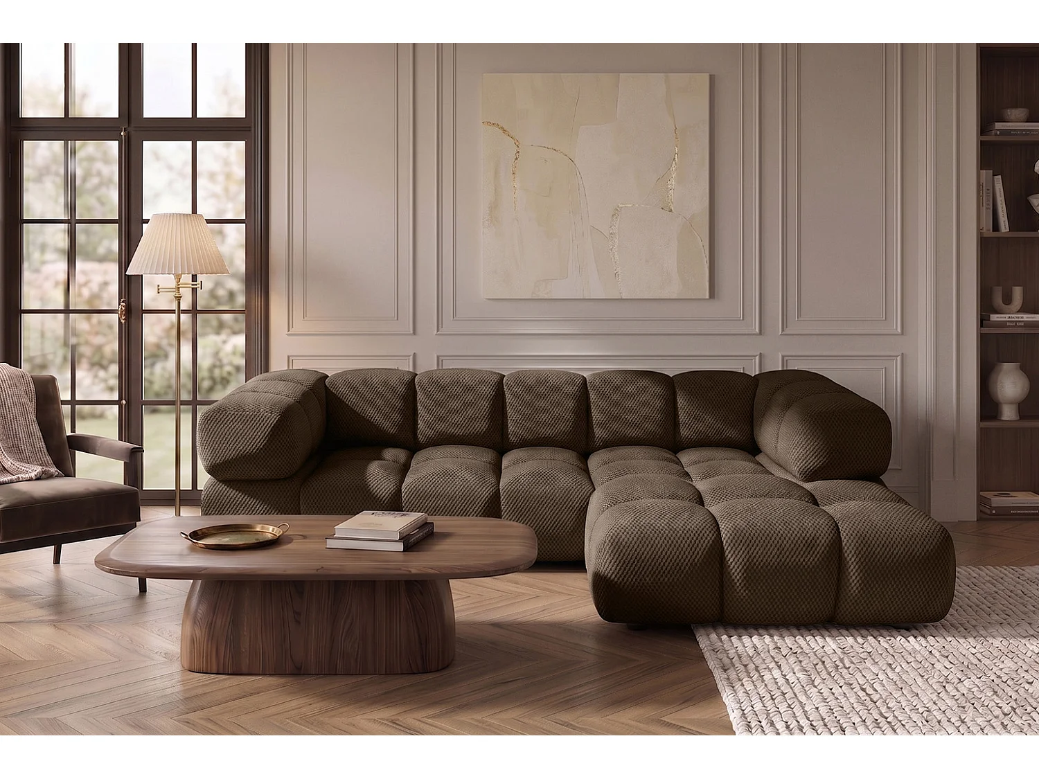 Hoekbank L-vorm, gestructureerde premiumstof Sonic, Bruin, Rechts, Averro