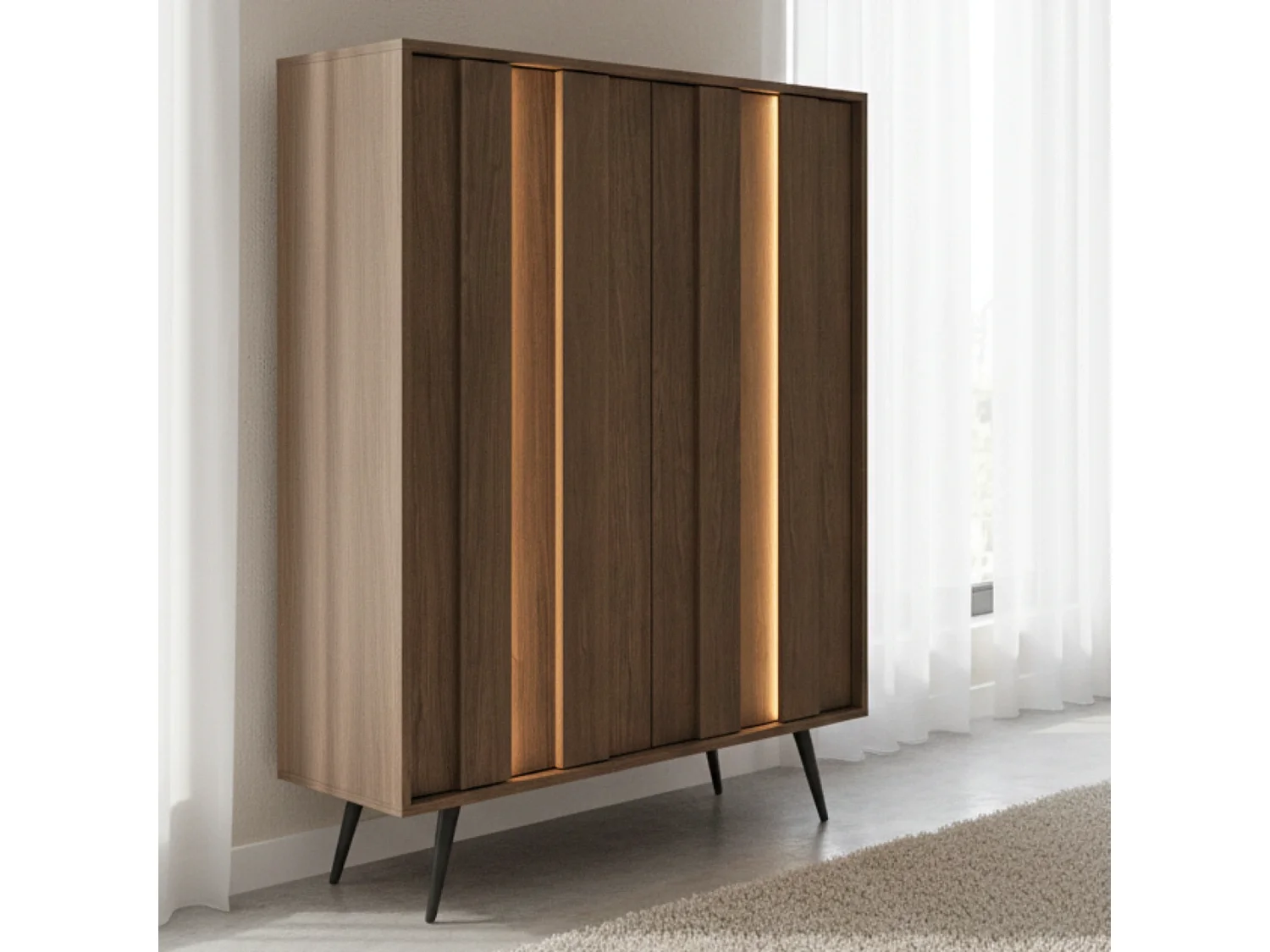 Highboard Kommode LUPO 93 cm mit 2 Türen, LED und Metallfüßen - Eiche Dunin
