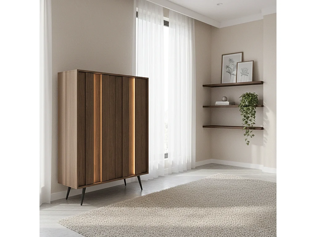Highboard Kommode LUPO 93 cm mit 2 Türen, LED und Metallfüßen - Eiche Dunin