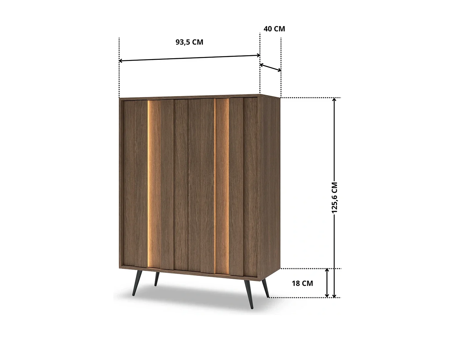 Highboard Kommode LUPO 93 cm mit 2 Türen, LED und Metallfüßen - Eiche Dunin