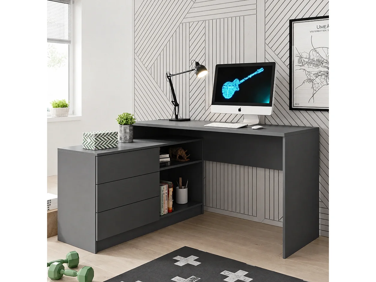Bureau KAJA 138 cm met Zijmodule, 3 Laden, 2 Open Vakken en Universele Montage - Grafiet