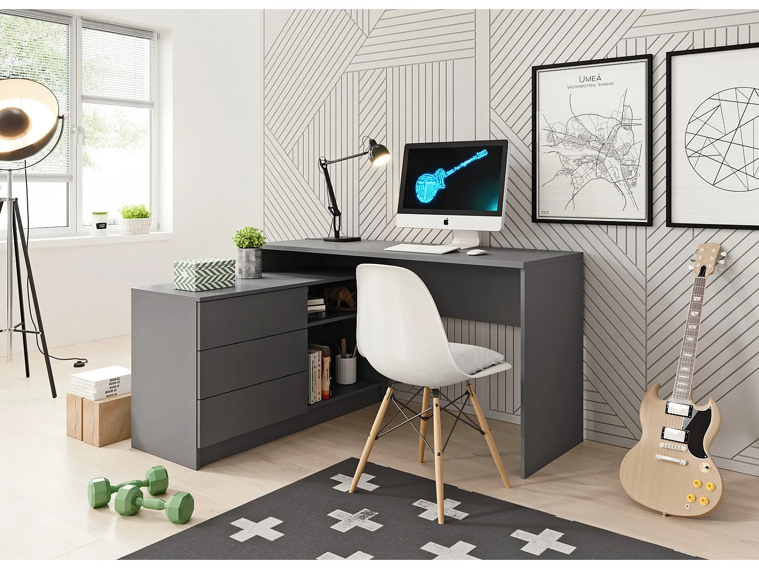 Bureau KAJA 138 cm met Zijmodule, 3 Laden, 2 Open Vakken en Universele Montage - Grafiet