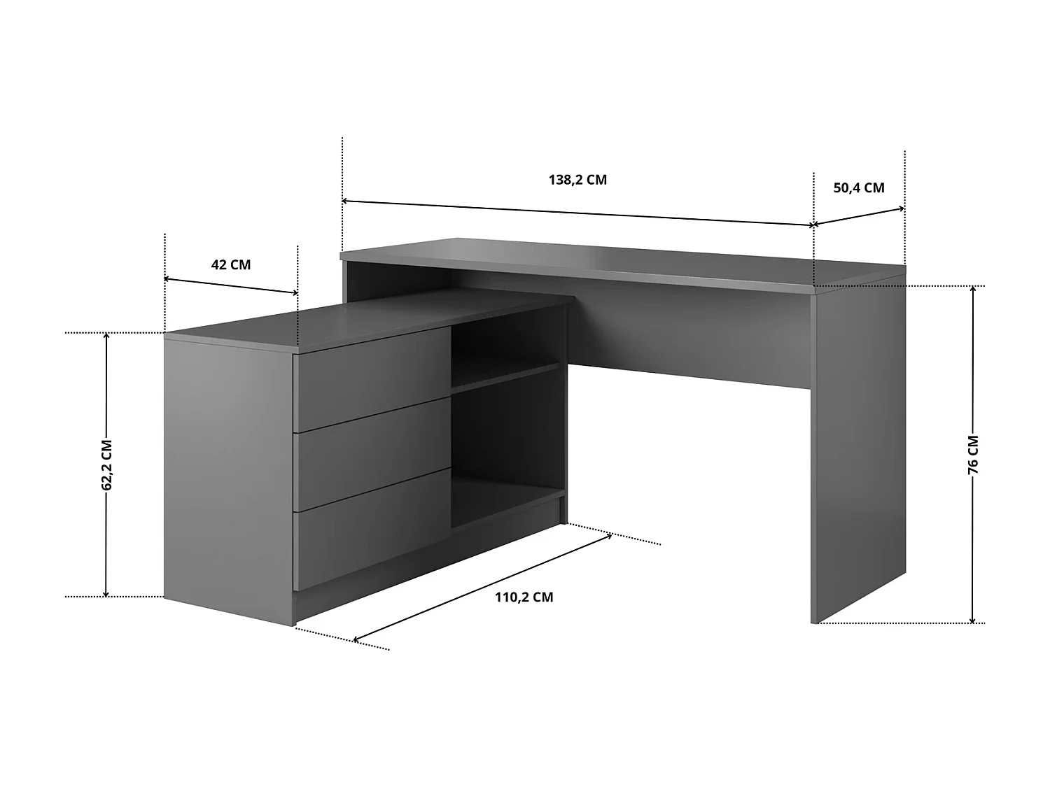 Bureau KAJA 138 cm met Zijmodule, 3 Laden, 2 Open Vakken en Universele Montage - Grafiet