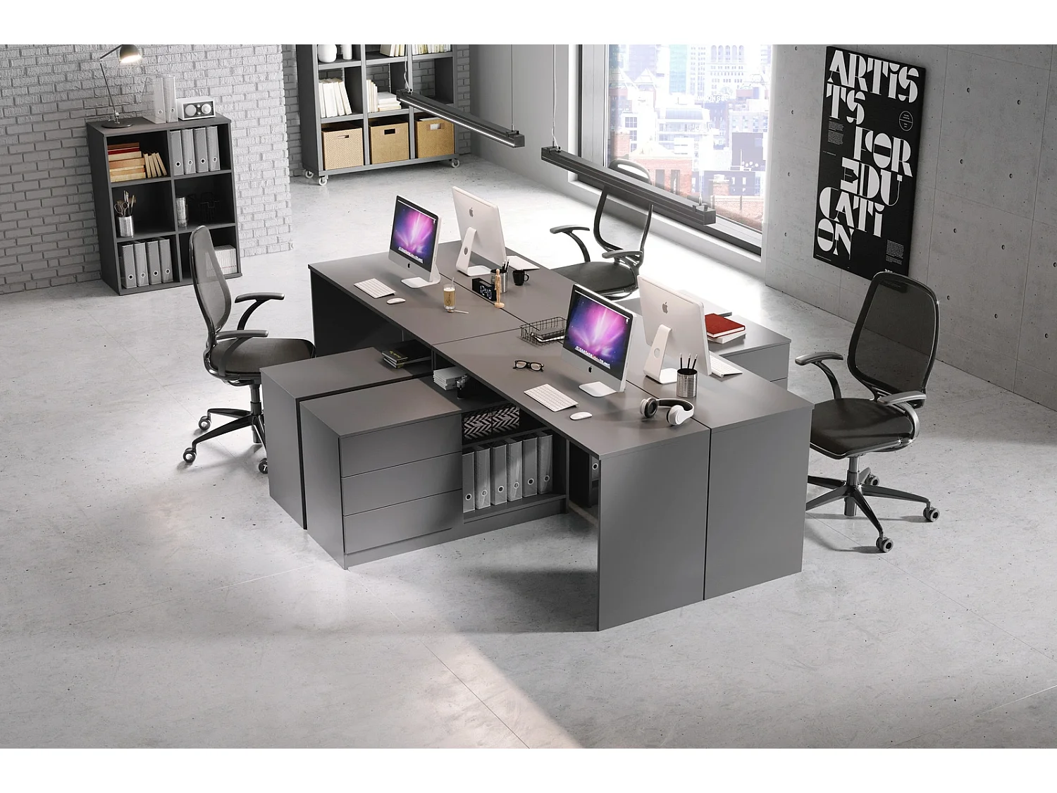 Bureau KAJA 138 cm met Zijmodule, 3 Laden, 2 Open Vakken en Universele Montage - Grafiet