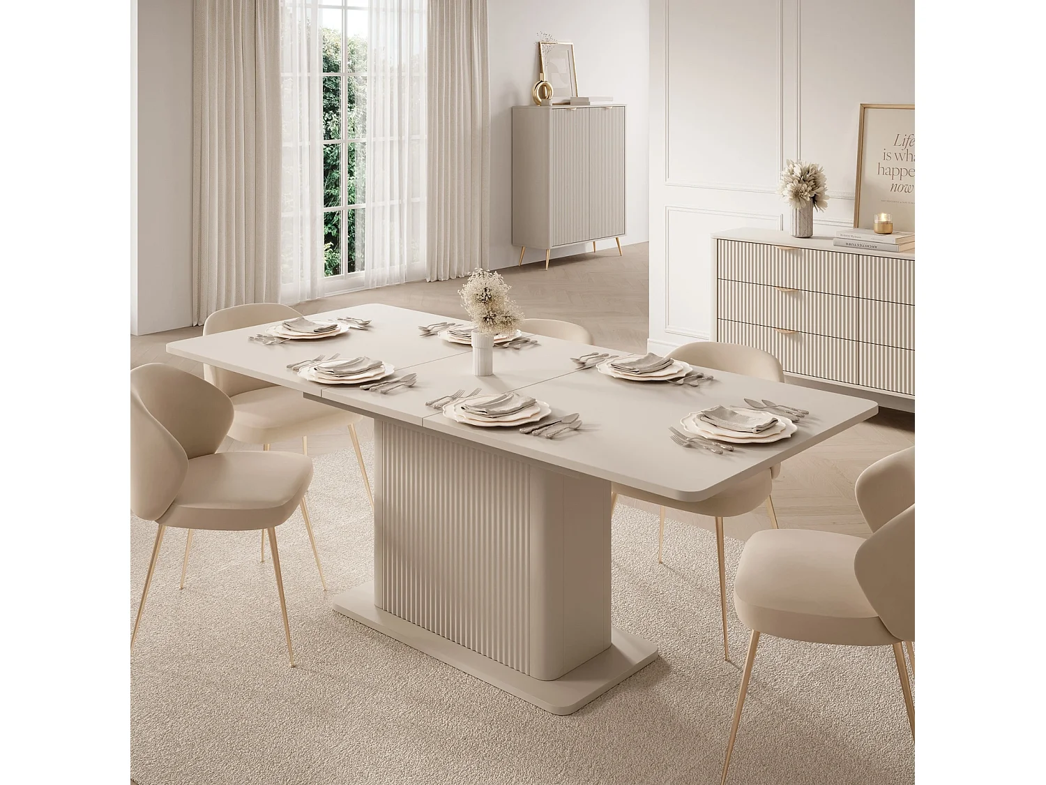 Table de Salle à Manger Extensible Flore avec Pied Central Cannelé - Beige - 160-200 cm