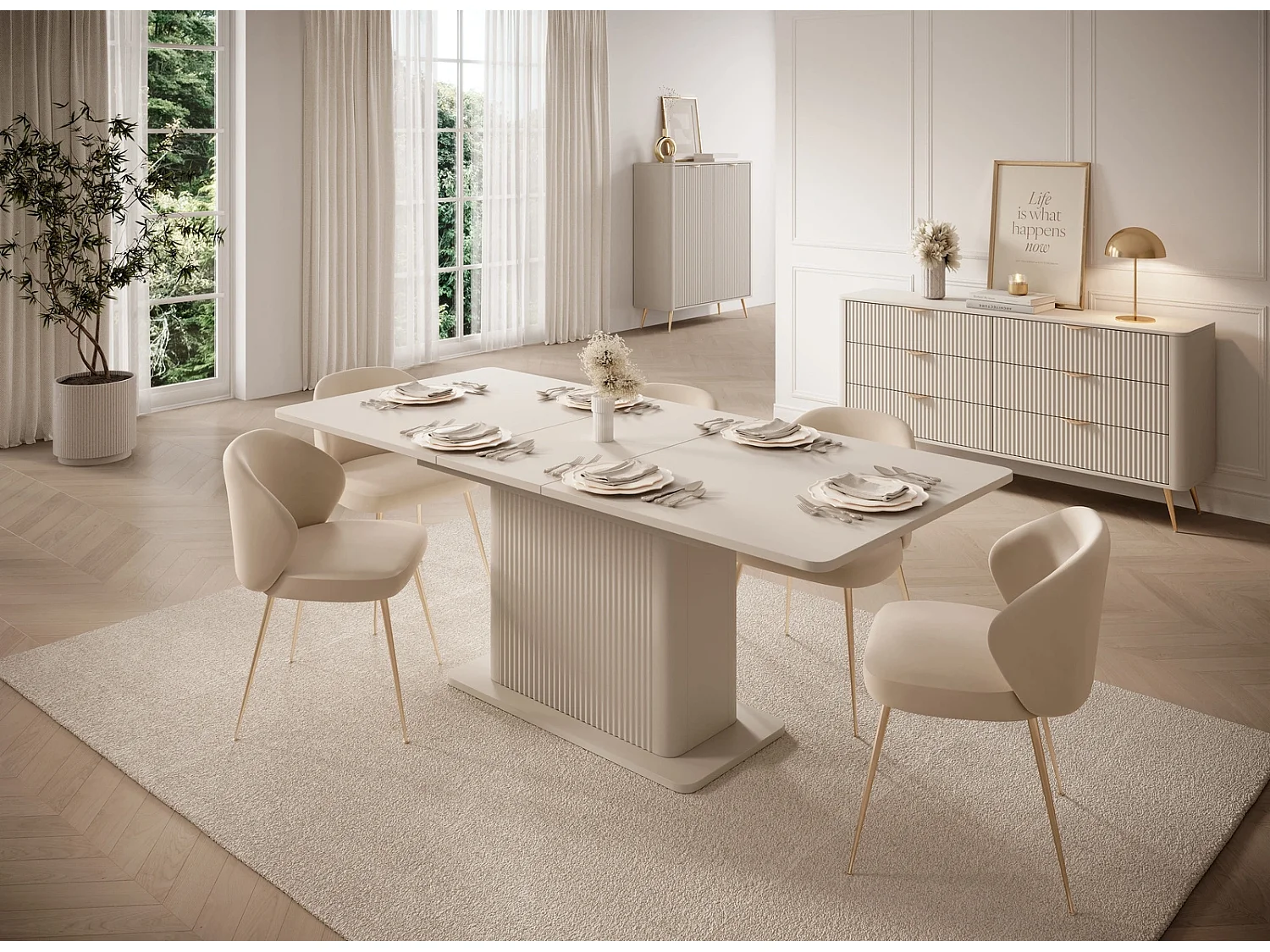 Table de Salle à Manger Extensible Flore avec Pied Central Cannelé - Beige - 160-200 cm