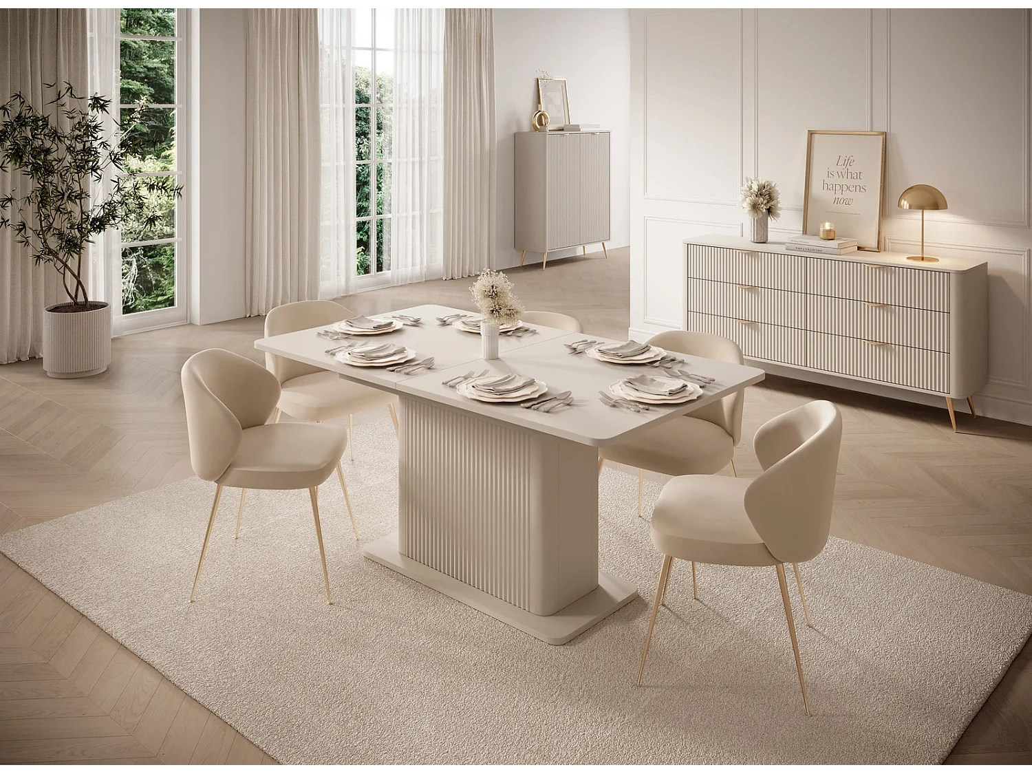 Table de Salle à Manger Extensible Flore avec Pied Central Cannelé - Beige - 160-200 cm