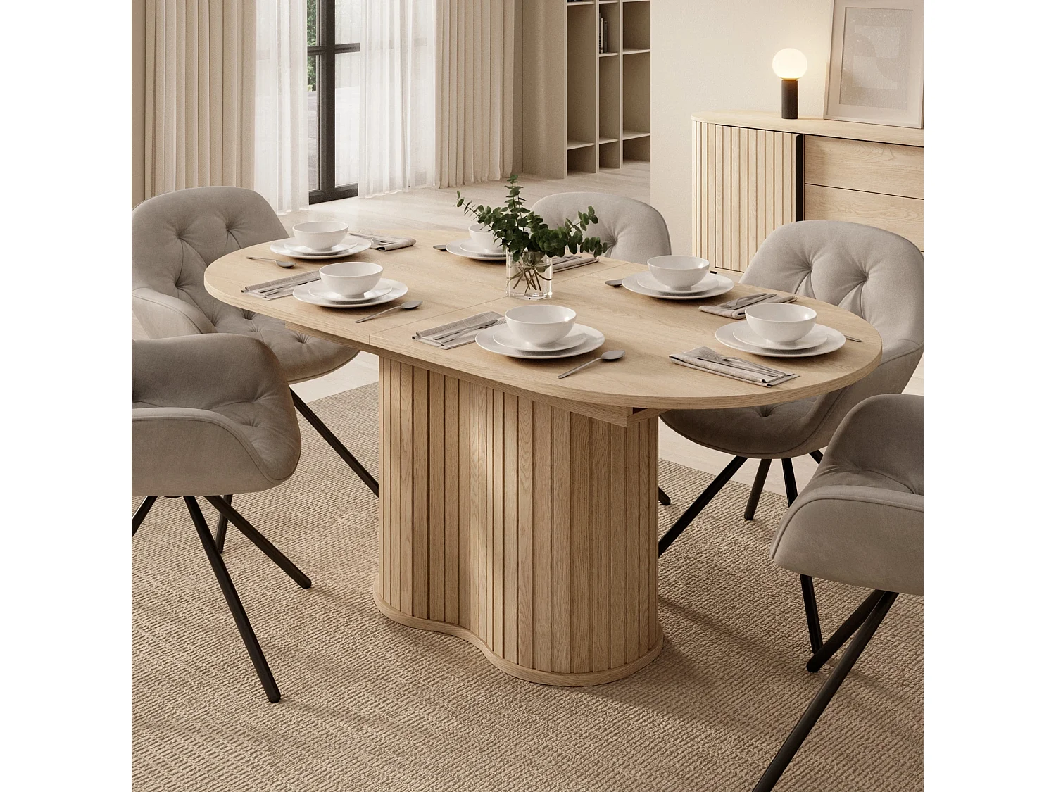 Table à Manger Extensible LOVI 180-220 cm - Effet Chêne Cremona, Forme Ovale et Pied Nervuré