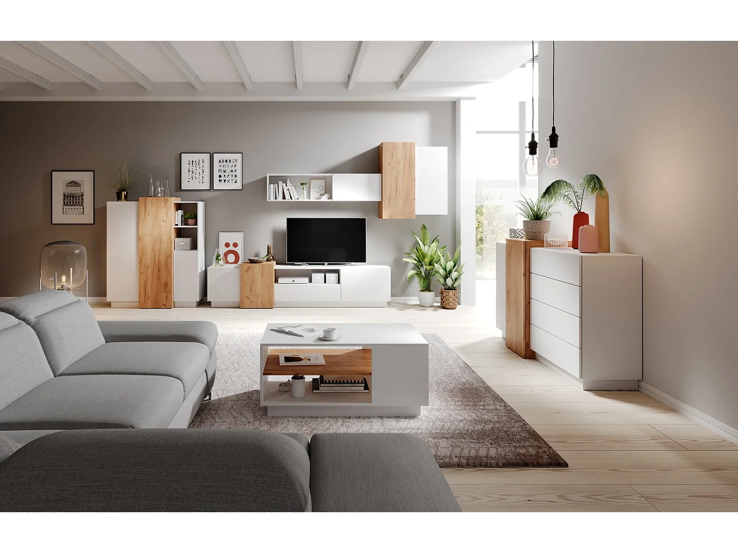 Couchtisch Viano G 100 cm mit 2 offenen Fächern - Weiß / Eiche Craft Gold