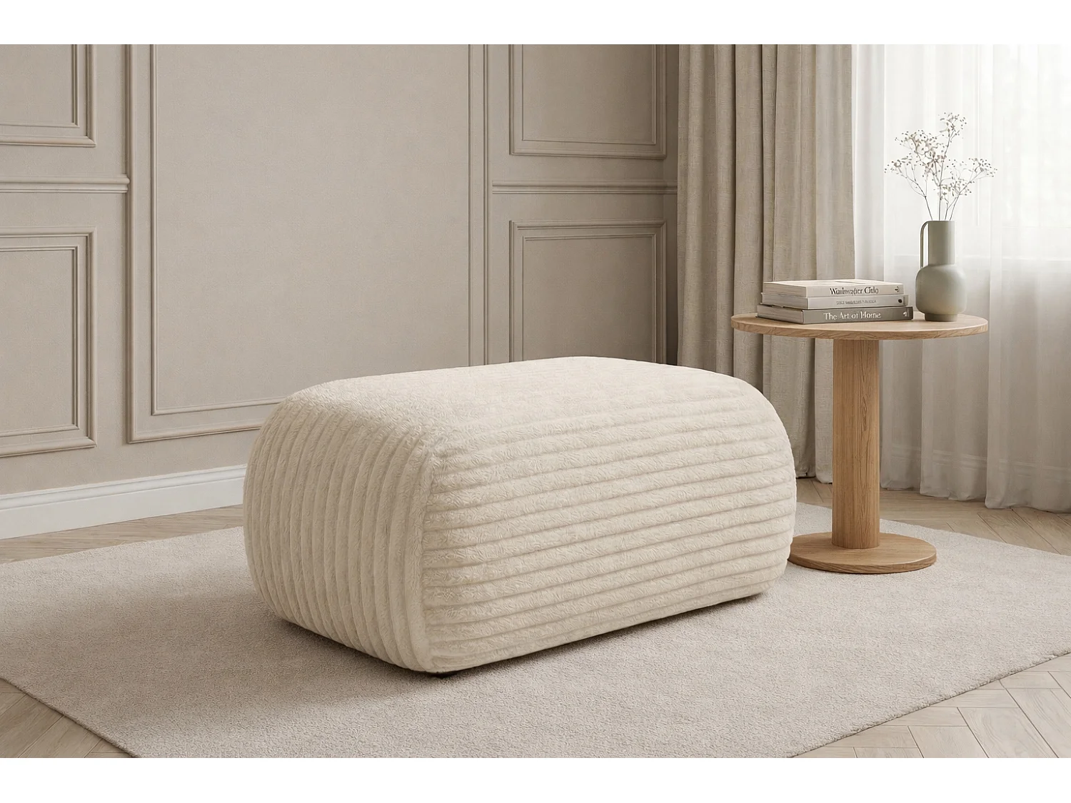 Hocker Sitzpouf für Wohnzimmer, Cordstoff Tilia, Ecru, BIS