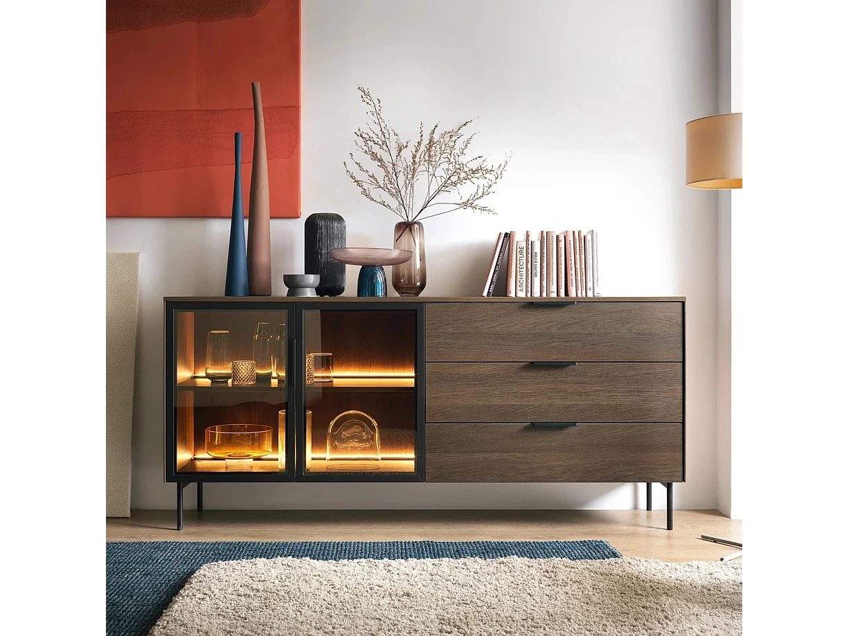 Dressoir LUMI 181 cm - Dunin Eiken, 2 Glazen Deuren (links) en 3 Lades (rechts) met LED