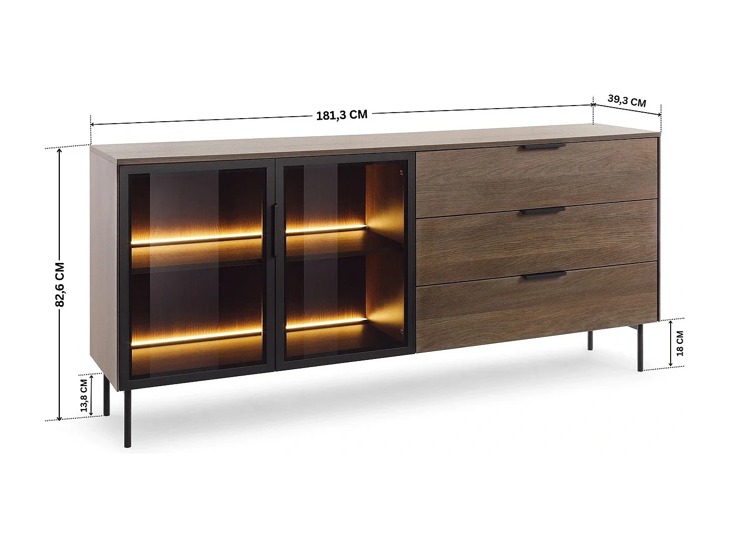Dressoir LUMI 181 cm - Dunin Eiken, 2 Glazen Deuren (links) en 3 Lades (rechts) met LED