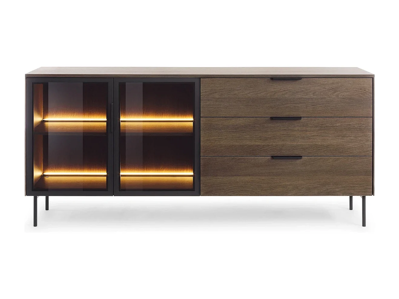 Dressoir LUMI 181 cm - Dunin Eiken, 2 Glazen Deuren (links) en 3 Lades (rechts) met LED