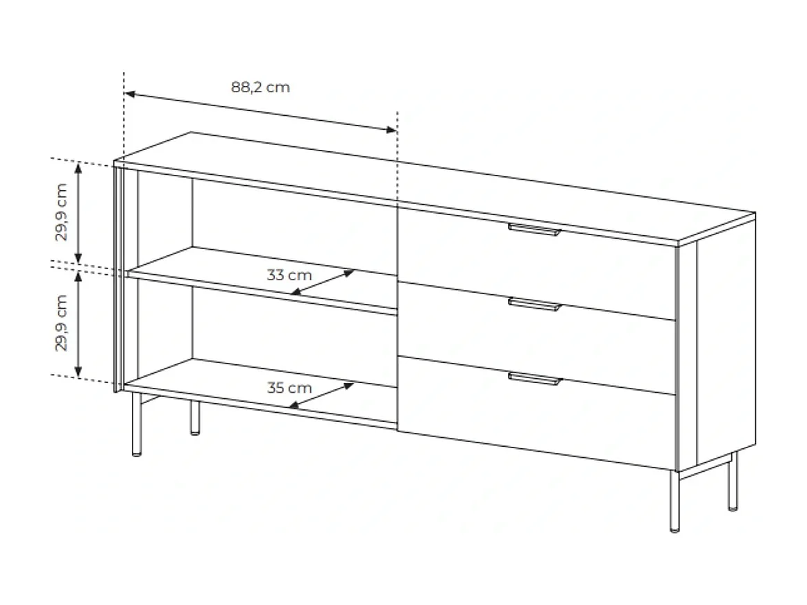 Dressoir LUMI 181 cm - Dunin Eiken, 2 Glazen Deuren (links) en 3 Lades (rechts) met LED