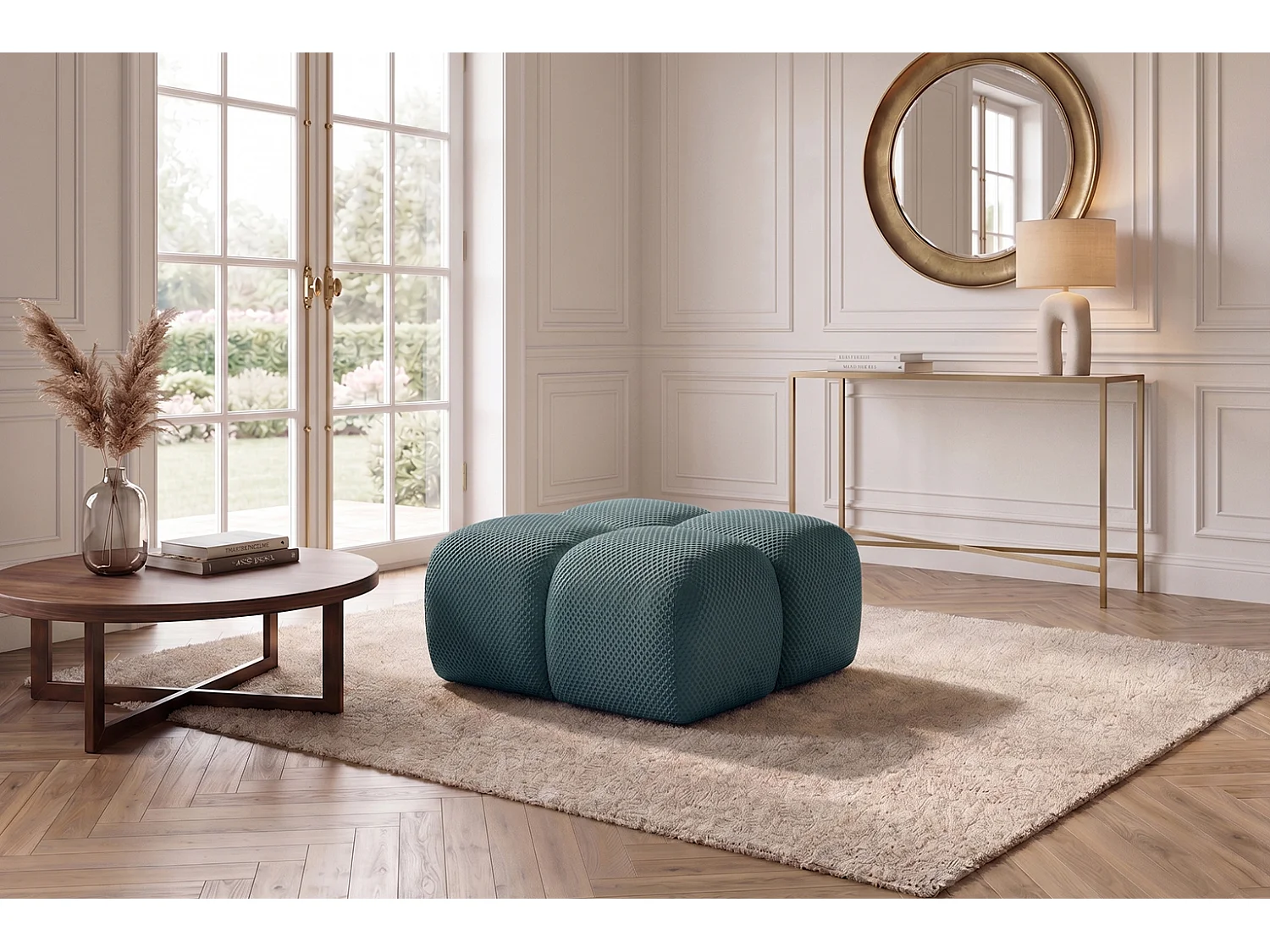 Hocker, poef, gestructureerde premiumstof Sonic, Azuurblauw, Averro