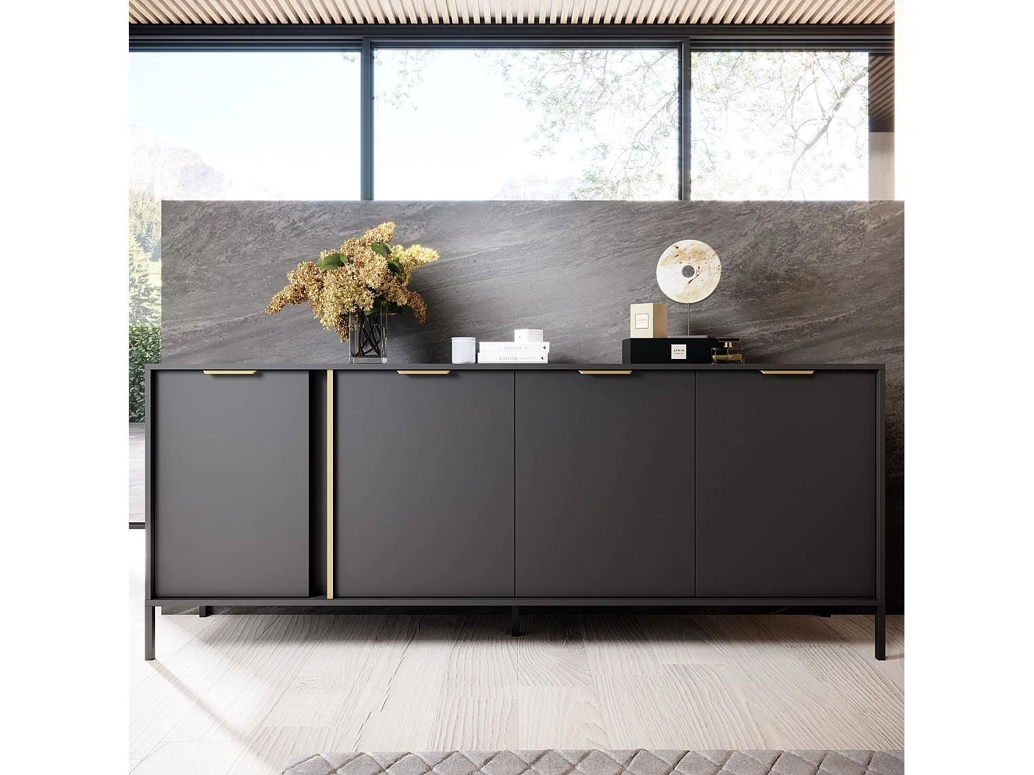 Dressoir Commode Valdi E 4 Deuren met Gouden Details en Metalen Poten - Antraciet - 203 cm