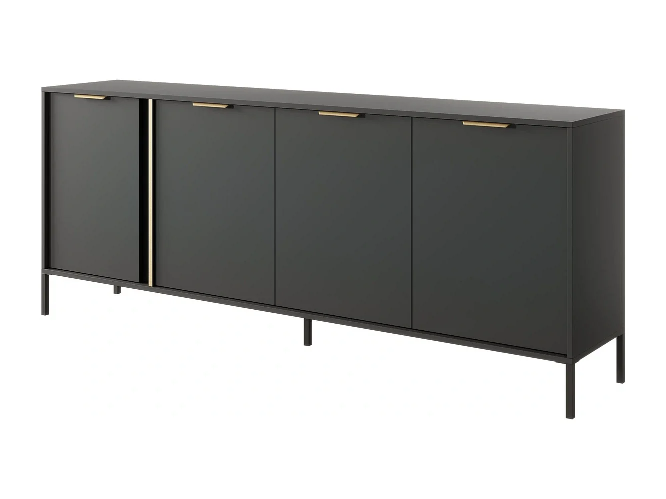 Dressoir Commode Valdi E 4 Deuren met Gouden Details en Metalen Poten - Antraciet - 203 cm