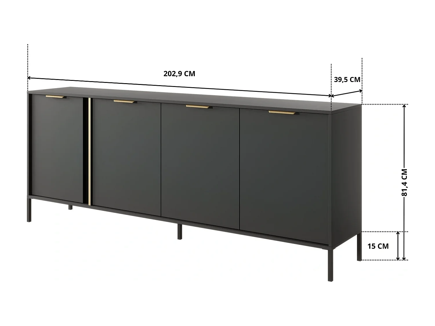 Dressoir Commode Valdi E 4 Deuren met Gouden Details en Metalen Poten - Antraciet - 203 cm