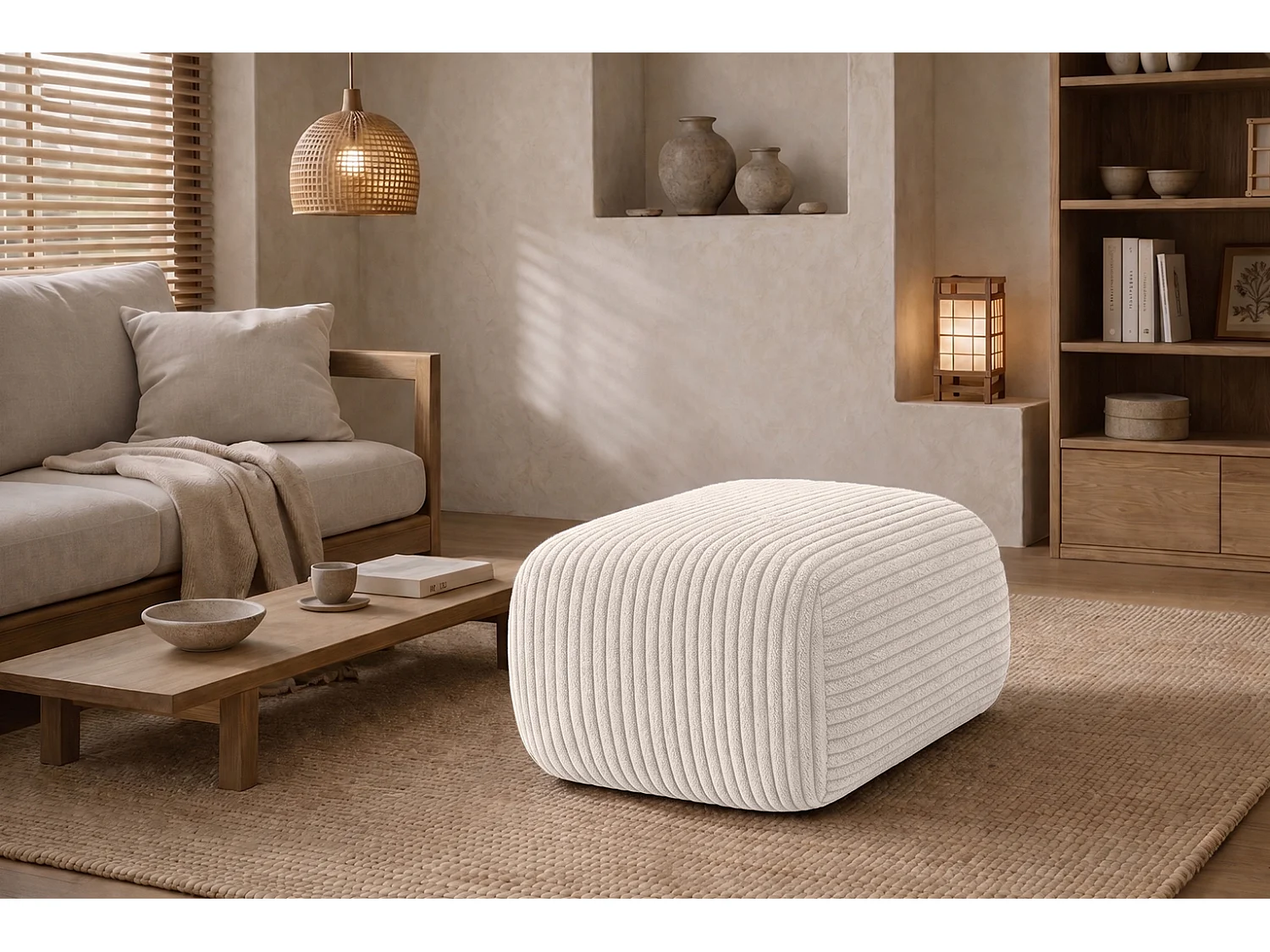 Hocker Sitzpouf für Wohnzimmer, Cordstoff Poso, Beige, BIS