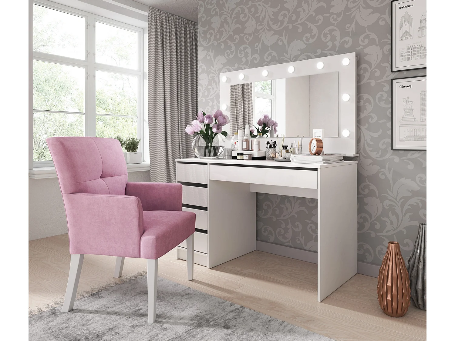 Miroir Mural MIA 120 cm avec 10 Ampoules LED et Interrupteur - Blanc Mat