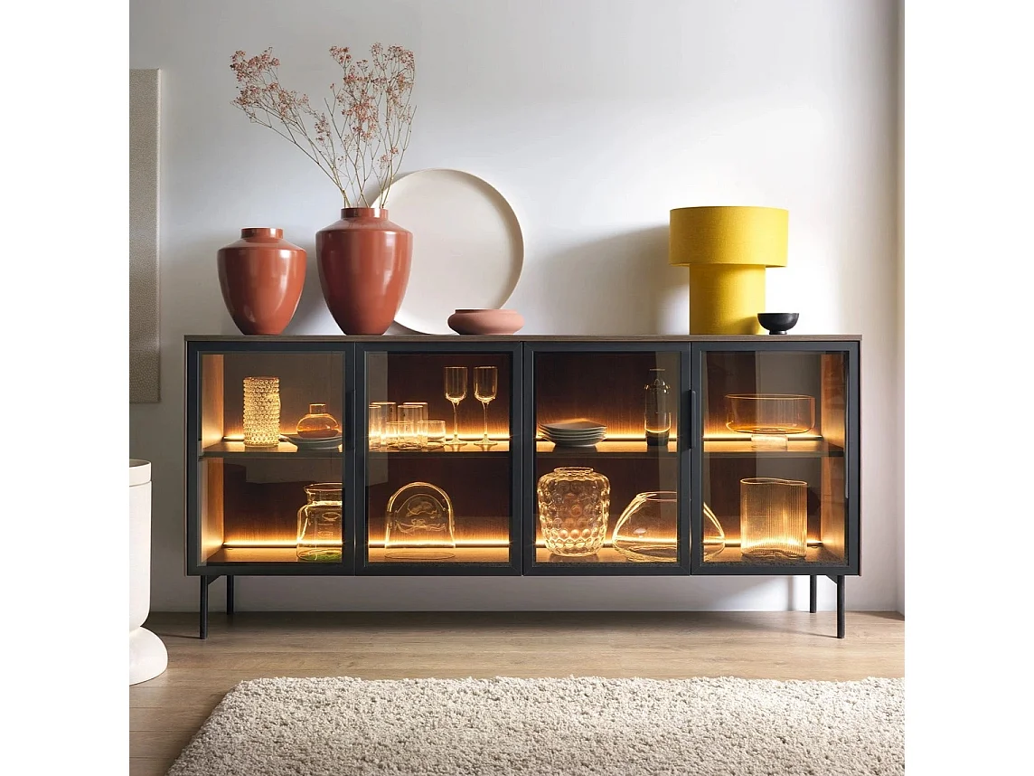 Dressoir breed LUMI 181 cm - Dunin Eiken, 4 Glazen Deuren (Bruin Glas) en LED