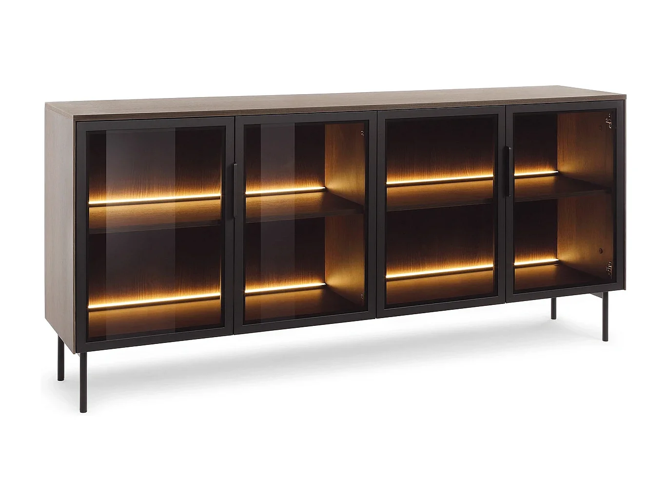 Dressoir breed LUMI 181 cm - Dunin Eiken, 4 Glazen Deuren (Bruin Glas) en LED