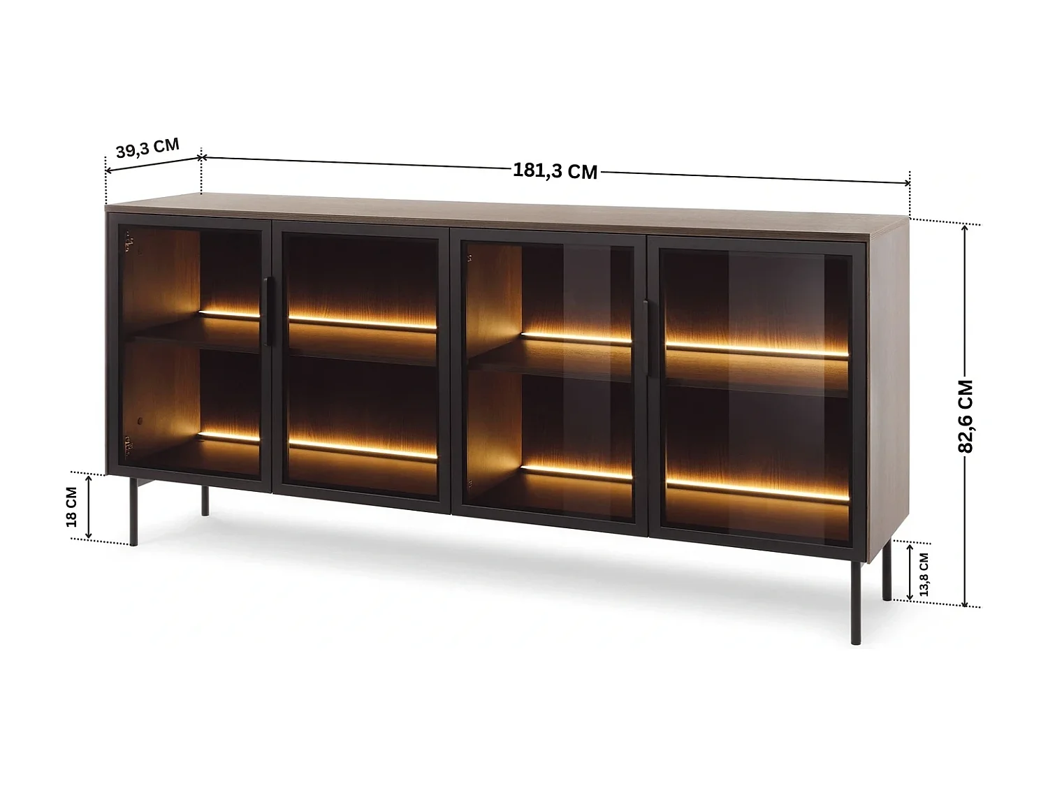Dressoir breed LUMI 181 cm - Dunin Eiken, 4 Glazen Deuren (Bruin Glas) en LED