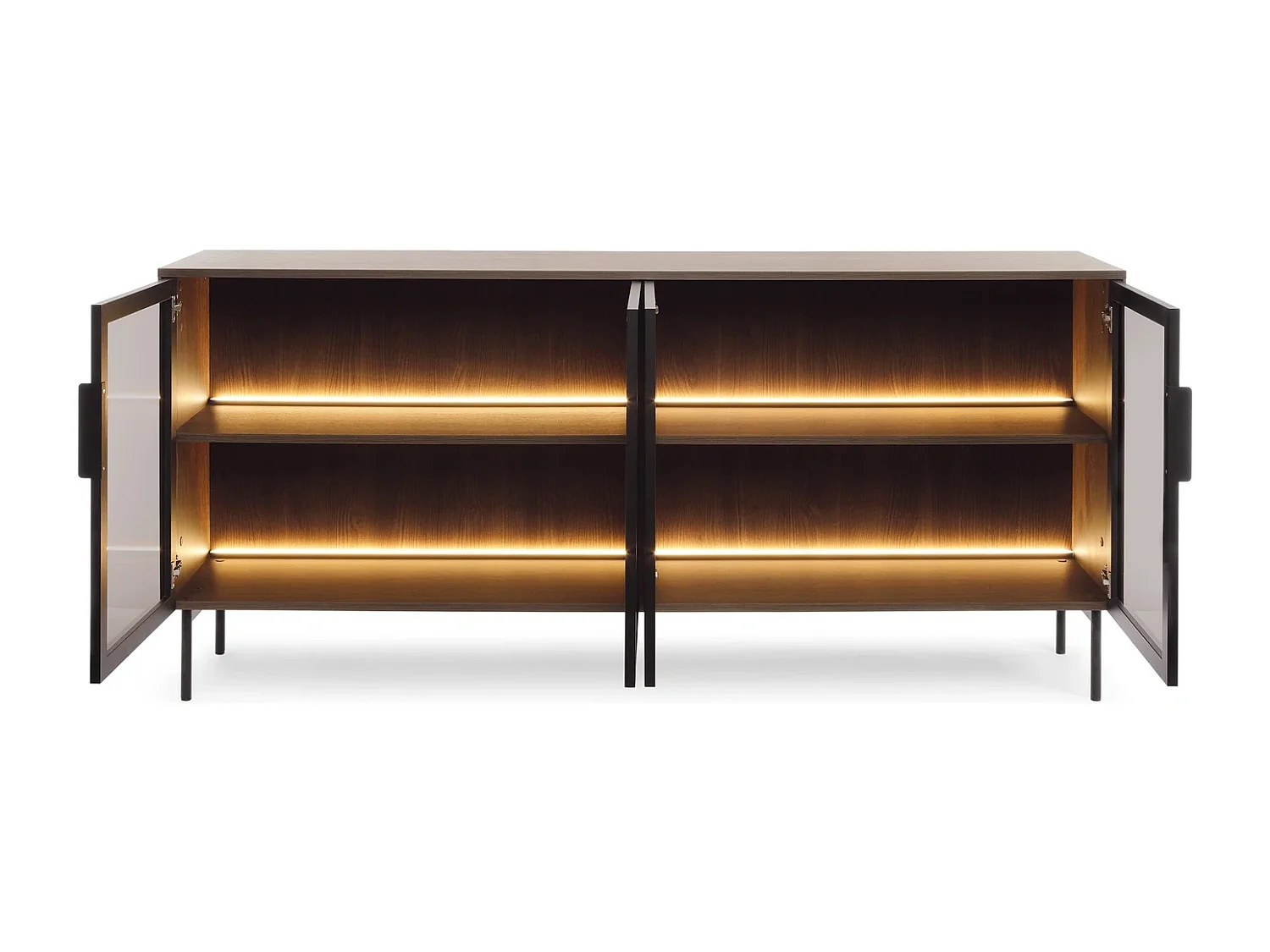 Dressoir breed LUMI 181 cm - Dunin Eiken, 4 Glazen Deuren (Bruin Glas) en LED