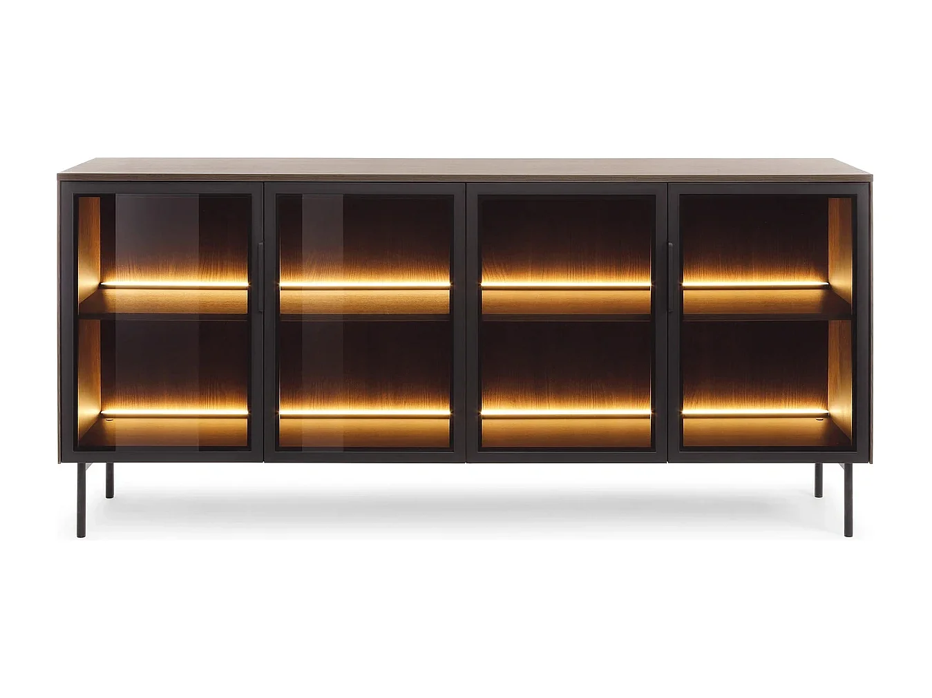 Dressoir breed LUMI 181 cm - Dunin Eiken, 4 Glazen Deuren (Bruin Glas) en LED