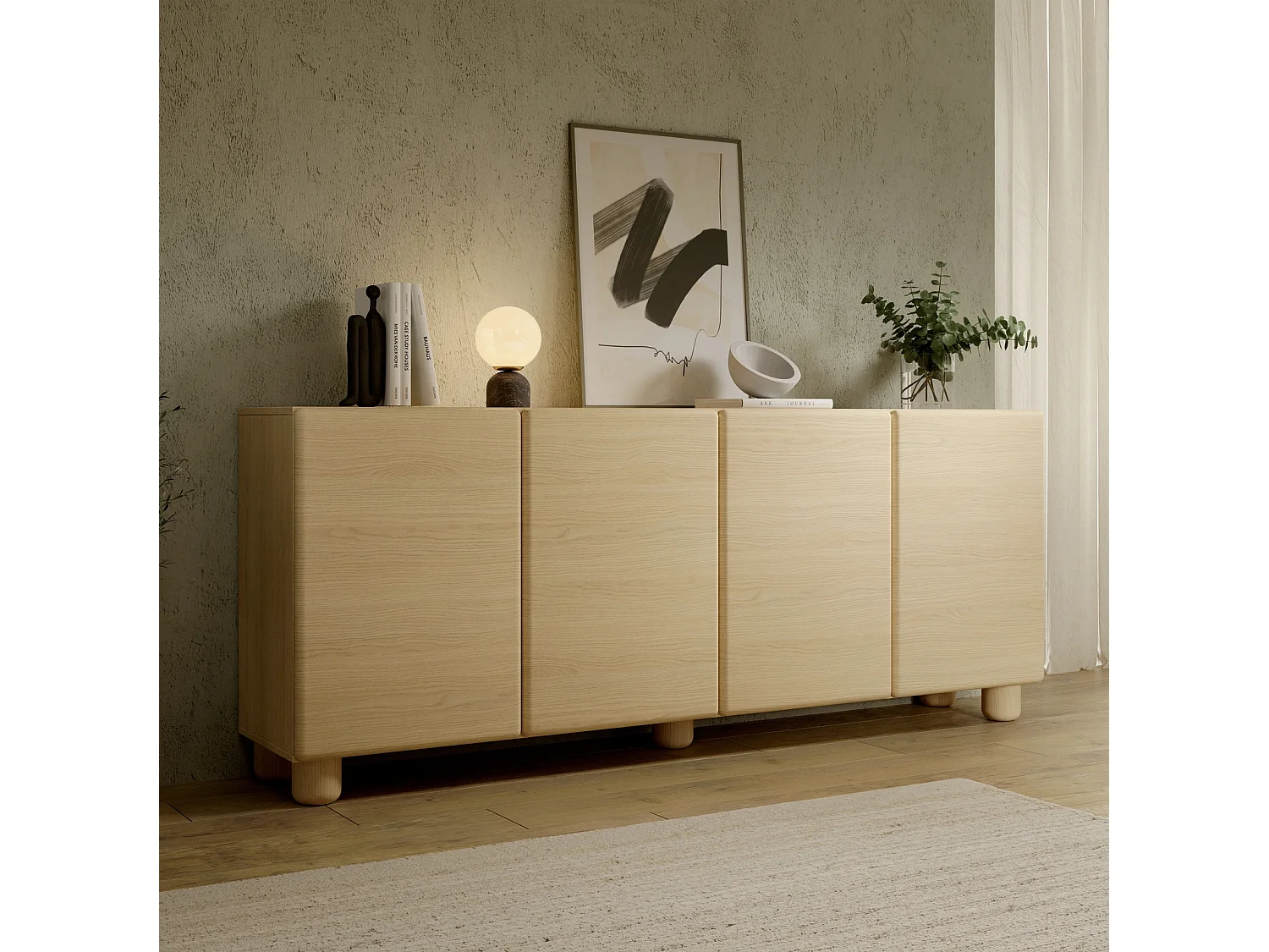 Sideboard Kommode CERVI 200 cm mit 4 Türen und abgerundeten Fronten - Eiche Vicenza